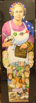 Oil painting of Myrtle Ann "Dolly" Barton surrounded by her 12 children and holding symbols of her busy life.