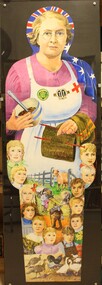 Oil painting of Myrtle Ann "Dolly" Barton surrounded by her 12 children and holding symbols of her busy life.