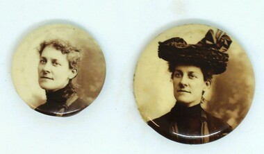 Celluloid photo badges showing two photos of the same person. She is wearing a hat in image on the right.