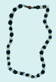 A necklace made from black beads and white snake bones.