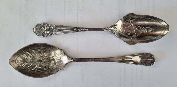 2 Electroplated silver jam spoons with floral and leaf designs