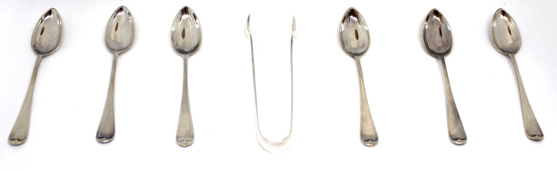 6 sugar spoons and sugar tongs