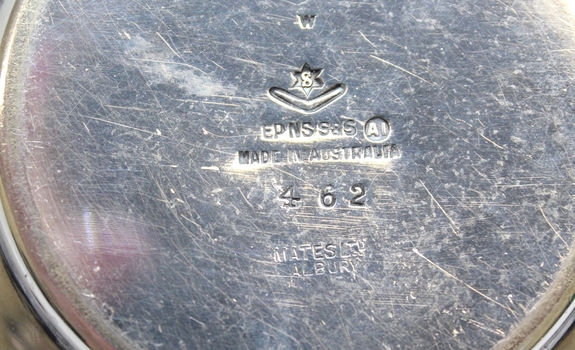 Hallmark of Stokes and Son of Melbourne underneath sugar bowl and name Mates Ltd Albury