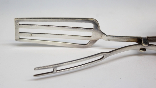 Tongs showing opened blades and hinge joint