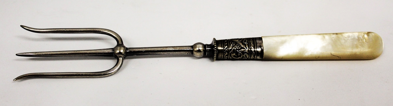 3 tined Silver Toasting Fork with Pearl Handle and pattern work