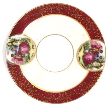 Saucer showing 2 images of a couple in a garden and red and gold pattern
