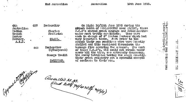 Copy of the citation for the award of Military Medal to Charles Frederick Clark taken from his military records.