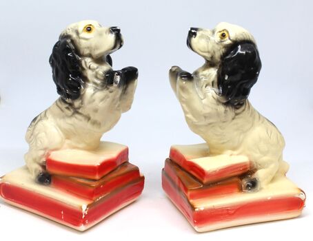 Bookends in the form of cocker spaniels standing on red books