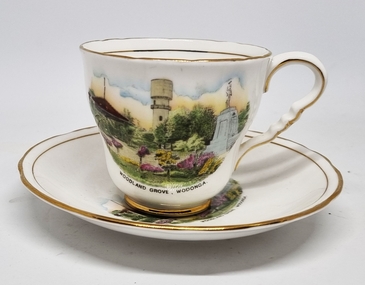 Souvenir Cup and Saucer Woodland Grove, Wodonga, Victoria featuring water tower, rotunda and war memorial
