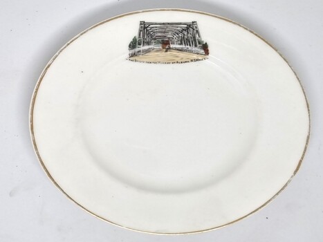 Plate with coloured image of Union bridge Albury in top section,