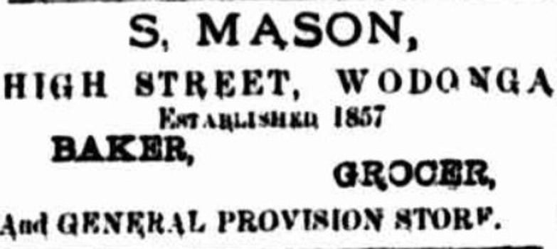 Advertisement for Mason Baker from the  Wodonga and Towong Sentinel  Fri 5 Oct 1888
