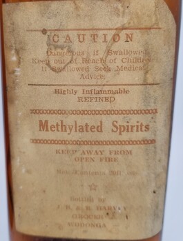 Label on methylated spirits bottle sold by J.R. & R. Harvey