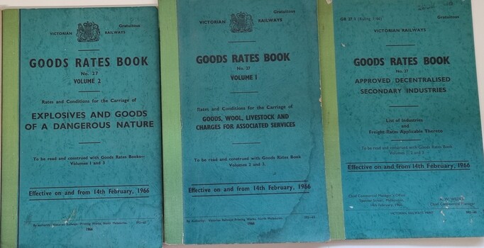 Covers of 3 categories of  Goods Rates Books from Victorian Railways 1966