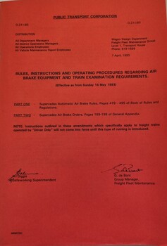 A red booklet with black print issued by the Public Transport Corporation of Victoria.