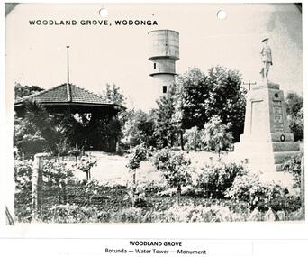A black and white photo of Woodland Grove Wodonga, including the Rotunda, Water Tower and Soldiers' Memorial
