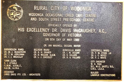 Wall plaque recognising the official opening of the Wodonga Occasional Child Care Centre