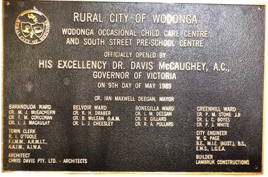 Wall plaque recognising the official opening of the Wodonga Occasional Child Care Centre