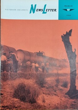 Cover March 1964 showing men spraying water on rails during bushfires.