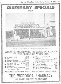 Wodonga Pharmacy Advertisement 1976 during celebrations of the century of Wodonga