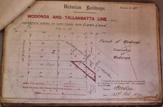 Map showing railway area in Wodonga acquired from Crown Lands