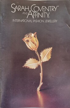 Front cover of the Sarah Coventry Affinity Catalogue featuring a gold rose brooch.