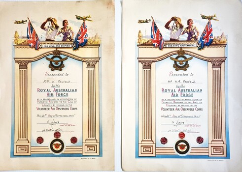 Certificates issued in appreciation to members of the Volunteer Air Observers Corps