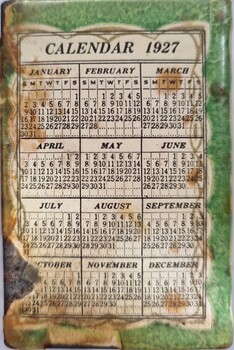 1927 Calendar of the rear back of match box holder