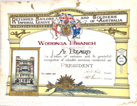 Certificate issued by Wodonga Branch of Returned Sailors and Soldiers Imperial League of Australia
