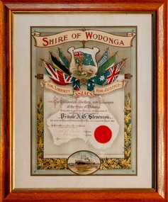 Wooden framed certificate for family of A, G. Stevenson