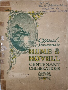 Image of front cover showing sun over lake and "Hovell" tree