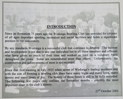 Introduction to the history of Wodonga Bowling Club