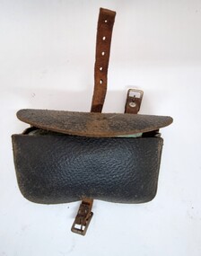 A small leather bag with straps to attach it to back of bicycle seat