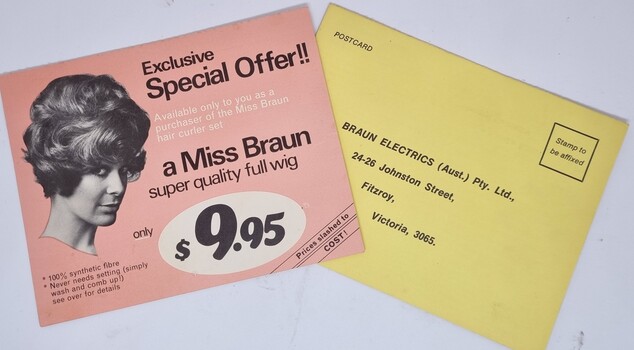 Cards promoting a special wig offer and contact information
