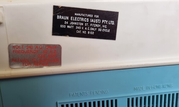 Manufacturer details and appliance information on rear of unit