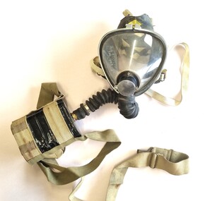 Gas mask and tank in khaki webbing holder