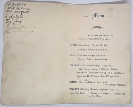 Menu for the Passing out dinner at the Federal Hotel, Melbourne