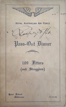 Front page of Program for RAAF Passing out dinner in Melbourne 1941