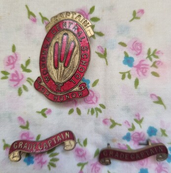 Enamelled metal School Captain's badge and 2 Grade Captain's badges attached to handkerchief