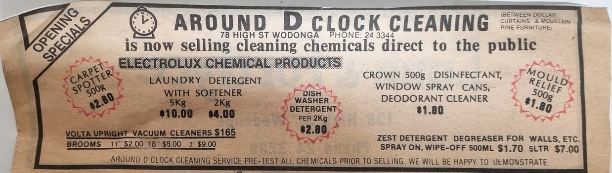 Advertisement for Around 'D Clock Cleaning from the "Wodonga News"  25/4/1984