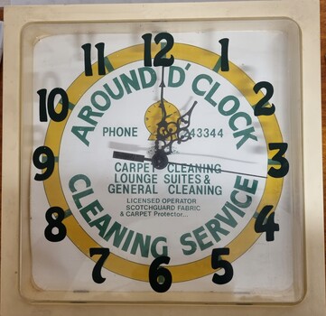 Square wall clock advertising Around 'D Clock cleaning service