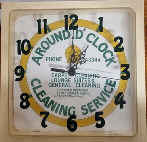 Square wall clock advertising Around 'D Clock cleaning service