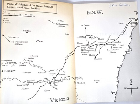 Map of Pastoral Holdings of Hume, Mitchell, Kennedy and Huon families.