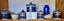 Set of blue and white apothecary jars and 2 mortar and pestles.