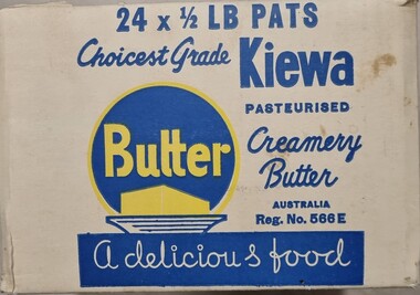 Front of box showing a yellow pat of butter and blue printing