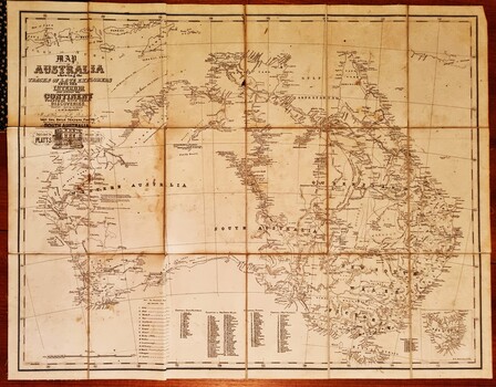 Old map of Australia showing the routes of explorers and their discoveries with detailed index.