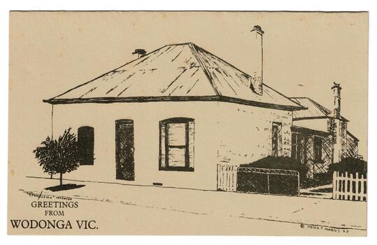 Sketch of Stoneleigh used as a postcard in 1982. Text on lower left corner "Stonleigh Wodonga, Greetings from Wodonga, Vic"