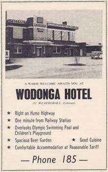 A newspaper advertisement for the Wodonga Hotel detailing location and phone number