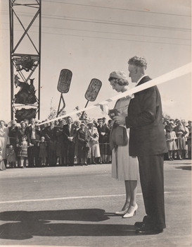 .  HRH Princess Alexandra of Kent cutting the ribbon whilst Wodonga Shire President Jack Hore looks on 