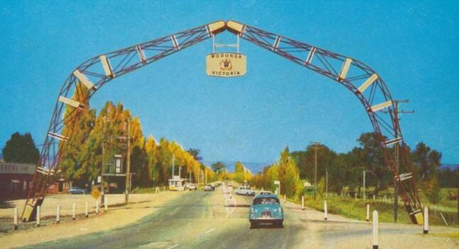 The completed archway spanning the highway near the entry of the border with New South Wales. Wodonga Victoria sign suspended from the centre