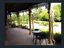 View from verandah towards gardens. Wrought iron work visible along roof line.